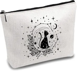 CREATCABIN Black Cat Makeup Bags Moon Cosmetic Bag Polycotton Multi Purpose Pen Case with Metal Zipper Pouches Gothic Toiletry Travel Bag Purse for Women Thank You Cat Lovers Gift 10x7Inch