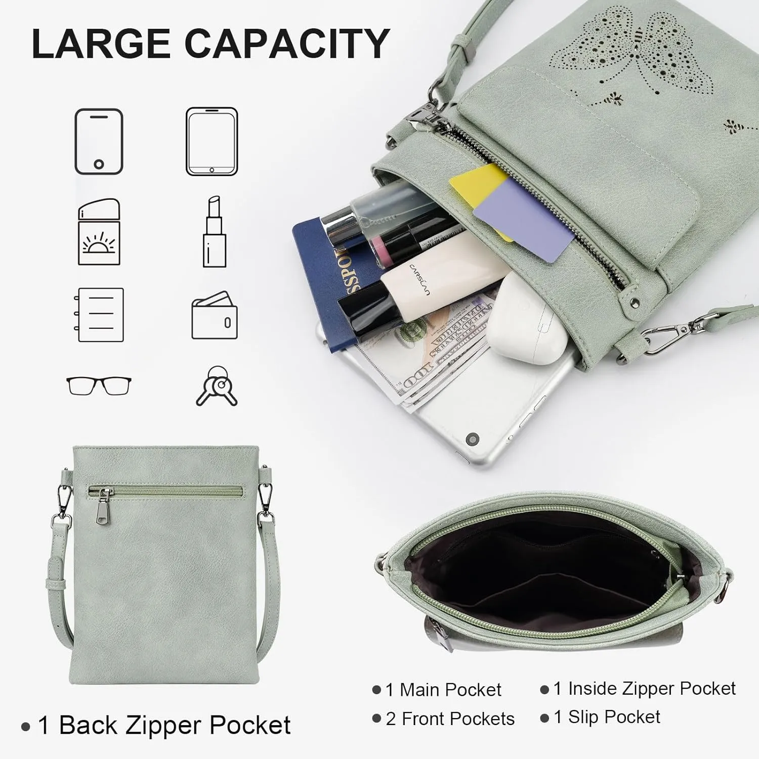Crossbody Bag for women, Vegan Leathe Cross body Purse with Adjustable Strap, Multi Pocket Shoulder Handbag