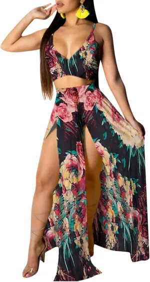 CROSTRITON Womens Sexy 2 Piece Outfits Dress Chiffon Strap Deep V Neck Bra Crop Top High Split Maxi Dresses Skirt Set