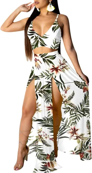 CROSTRITON Womens Sexy 2 Piece Outfits Dress Chiffon Strap Deep V Neck Bra Crop Top High Split Maxi Dresses Skirt Set