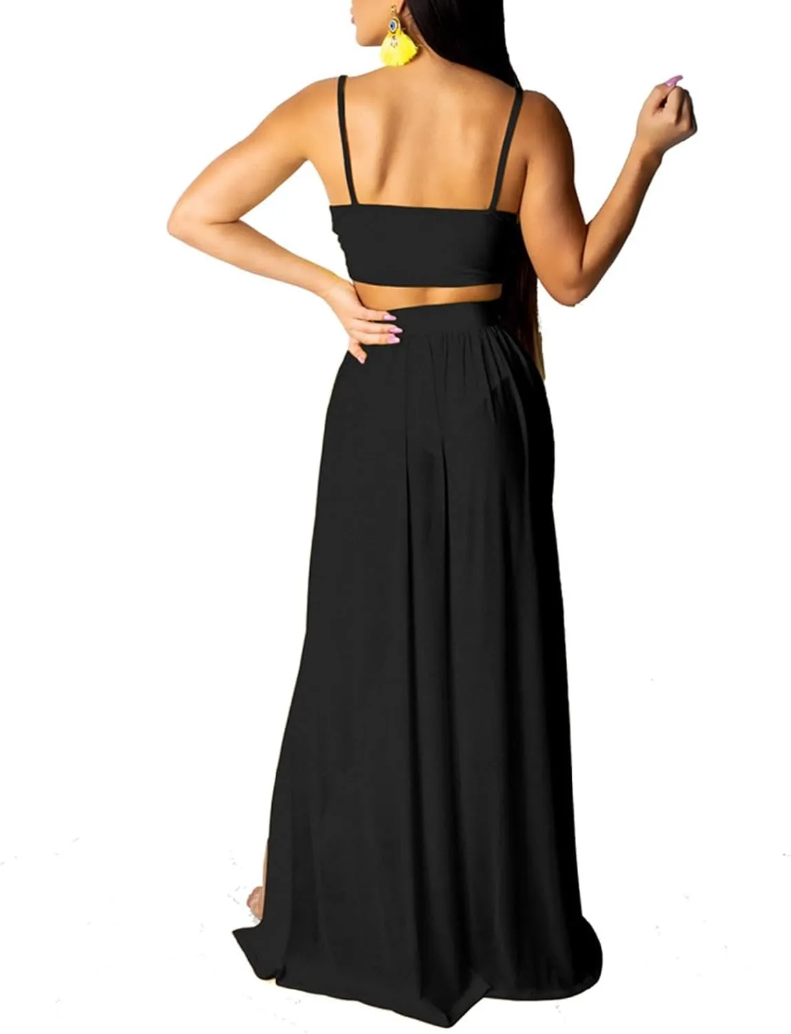CROSTRITON Womens Sexy 2 Piece Outfits Dress Chiffon Strap Deep V Neck Bra Crop Top High Split Maxi Dresses Skirt Set
