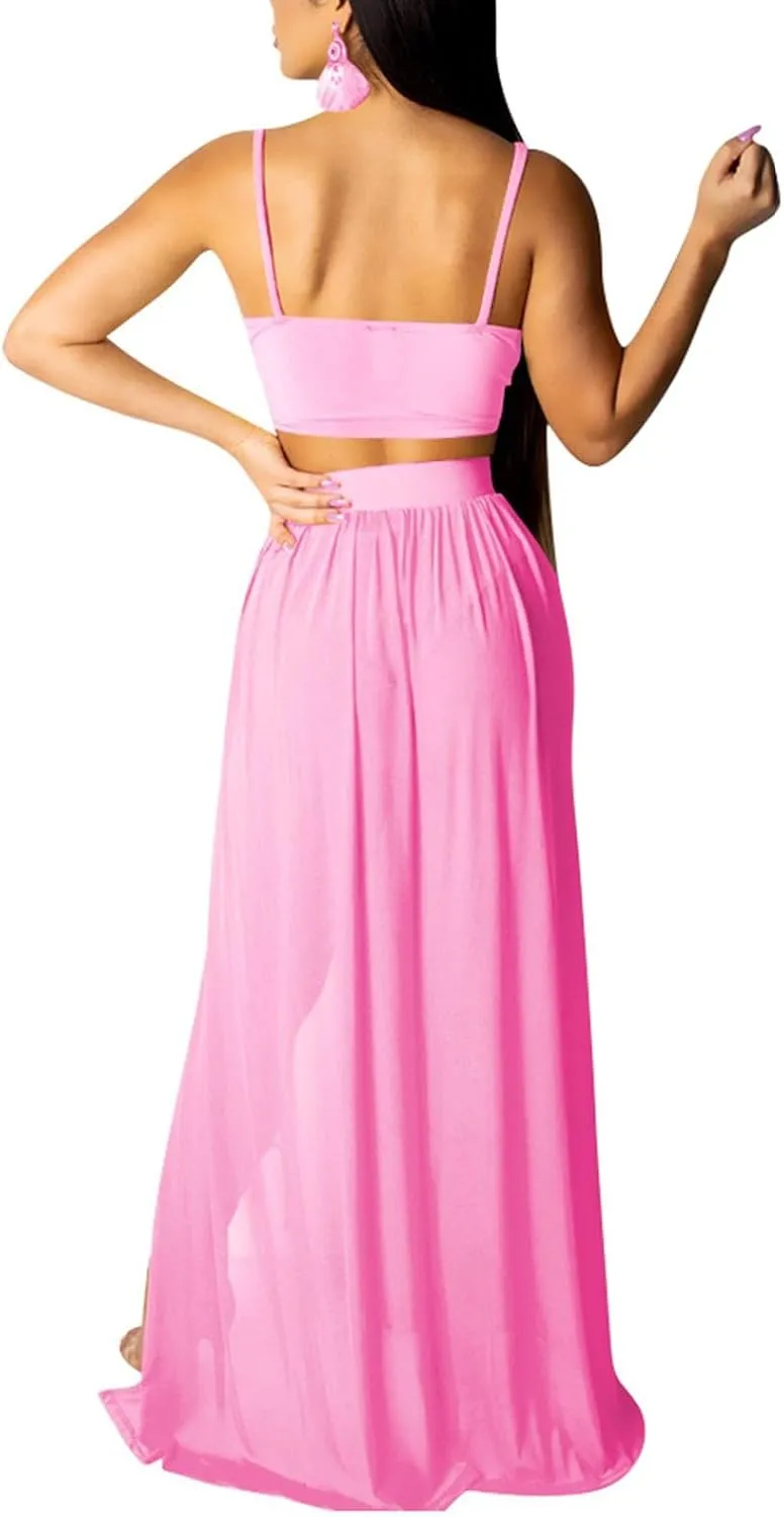 CROSTRITON Womens Sexy 2 Piece Outfits Dress Chiffon Strap Deep V Neck Bra Crop Top High Split Maxi Dresses Skirt Set