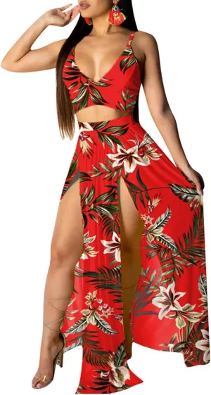 CROSTRITON Womens Sexy 2 Piece Outfits Dress Chiffon Strap Deep V Neck Bra Crop Top High Split Maxi Dresses Skirt Set