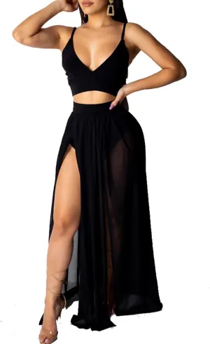 CROSTRITON Womens Sexy 2 Piece Outfits Dress Chiffon Strap Deep V Neck Bra Crop Top High Split Maxi Dresses Skirt Set