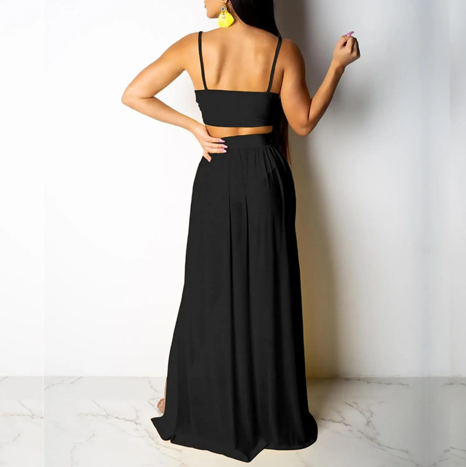 CROSTRITON Womens Sexy 2 Piece Outfits Dress Chiffon Strap Deep V Neck Bra Crop Top High Split Maxi Dresses Skirt Set