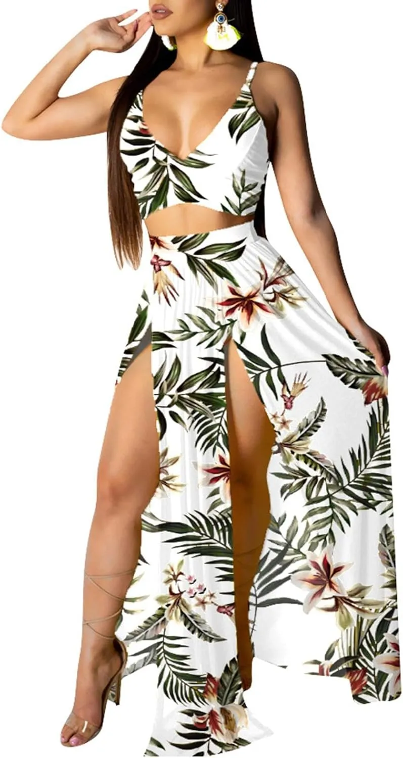 CROSTRITON Womens Sexy 2 Piece Outfits Dress Chiffon Strap Deep V Neck Bra Crop Top High Split Maxi Dresses Skirt Set
