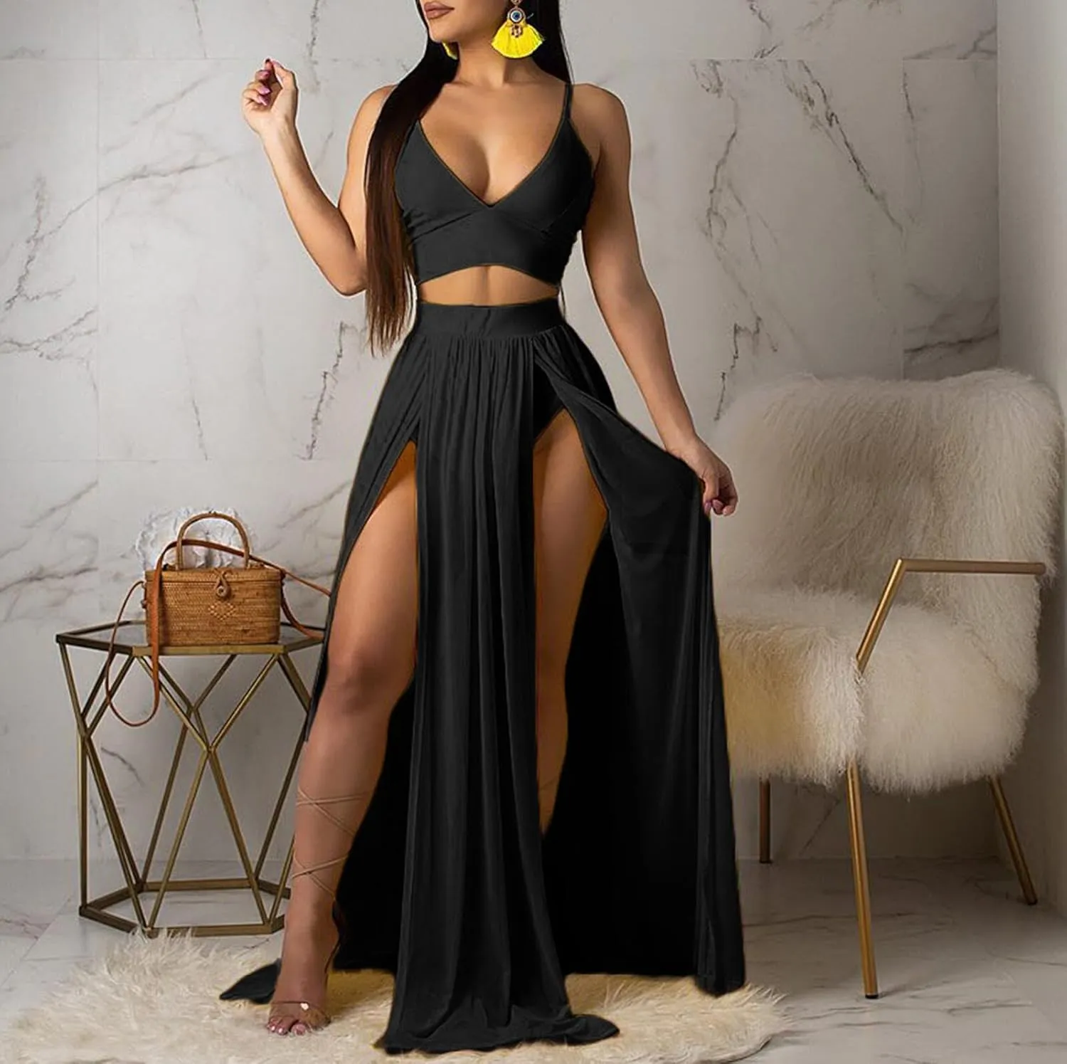 CROSTRITON Womens Sexy 2 Piece Outfits Dress Chiffon Strap Deep V Neck Bra Crop Top High Split Maxi Dresses Skirt Set