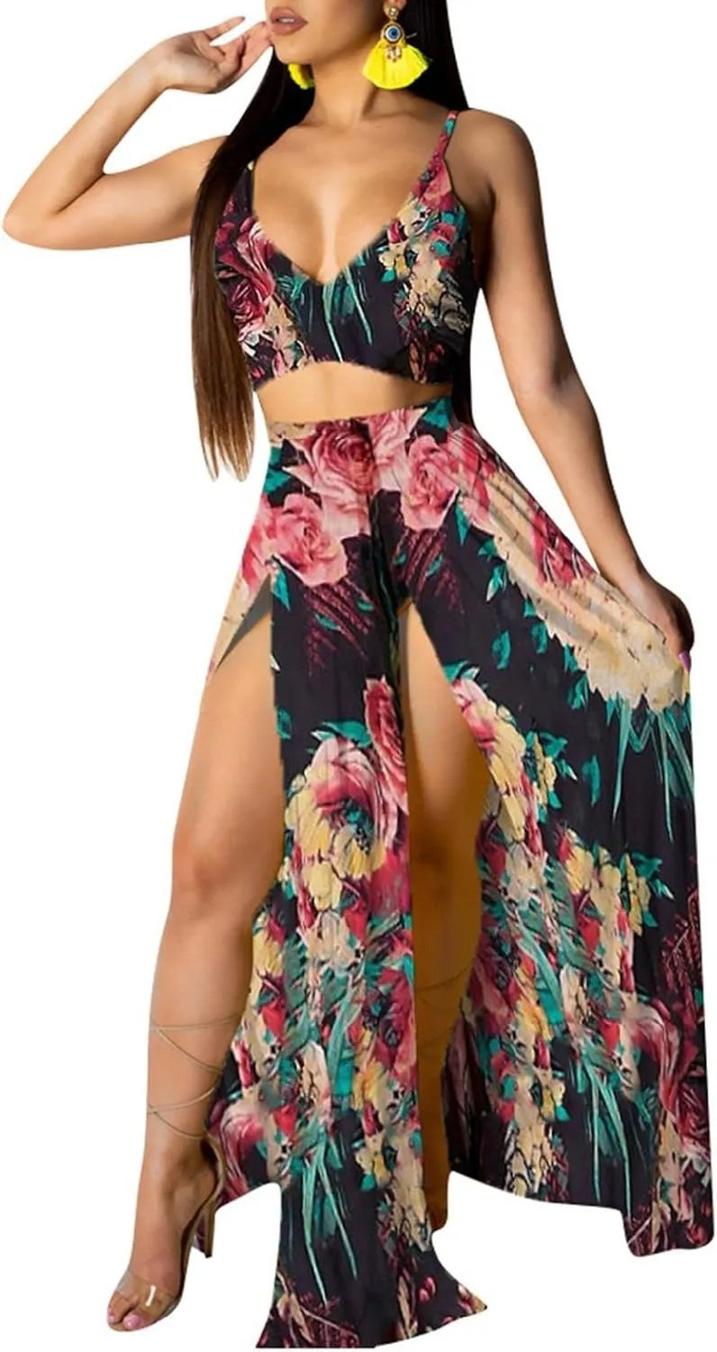 CROSTRITON Womens Sexy 2 Piece Outfits Dress Chiffon Strap Deep V Neck Bra Crop Top High Split Maxi Dresses Skirt Set