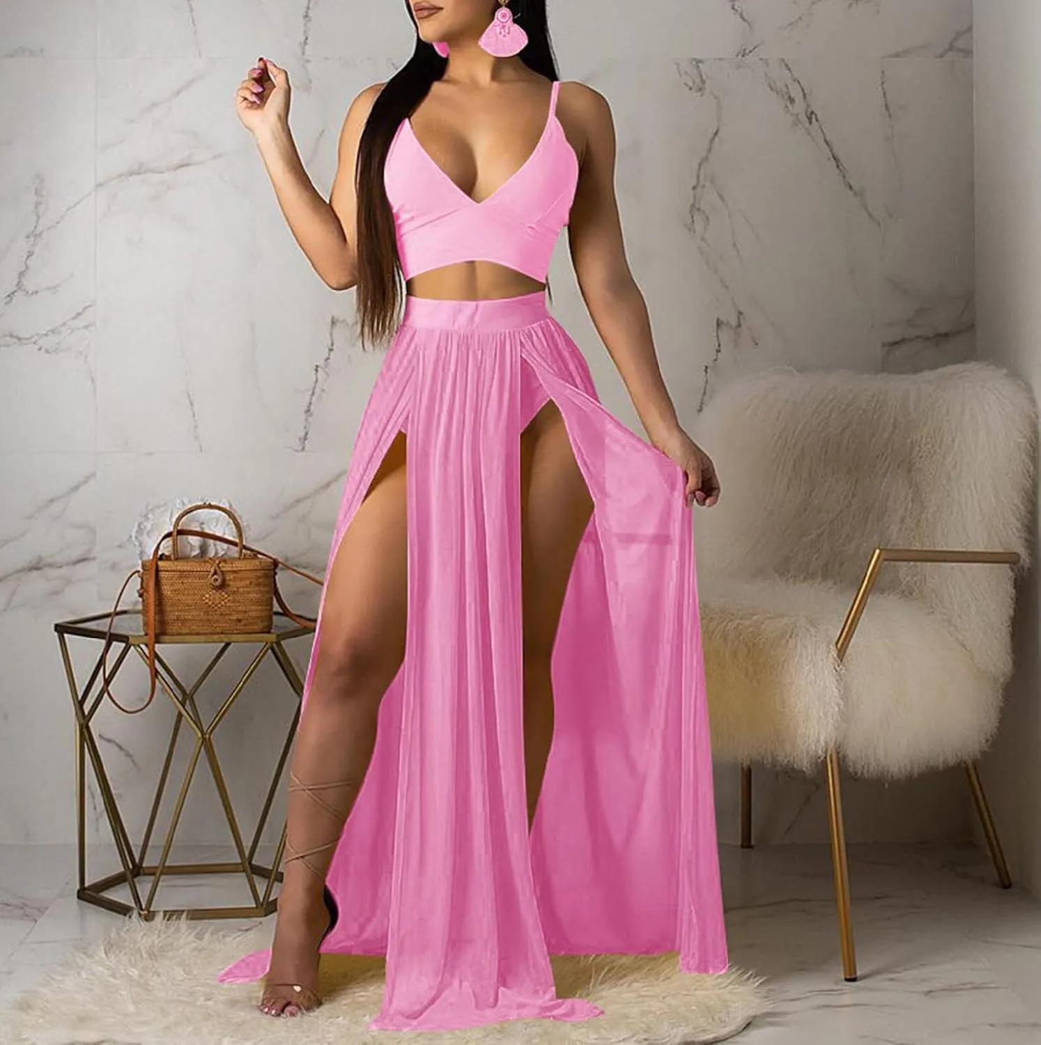 CROSTRITON Womens Sexy 2 Piece Outfits Dress Chiffon Strap Deep V Neck Bra Crop Top High Split Maxi Dresses Skirt Set