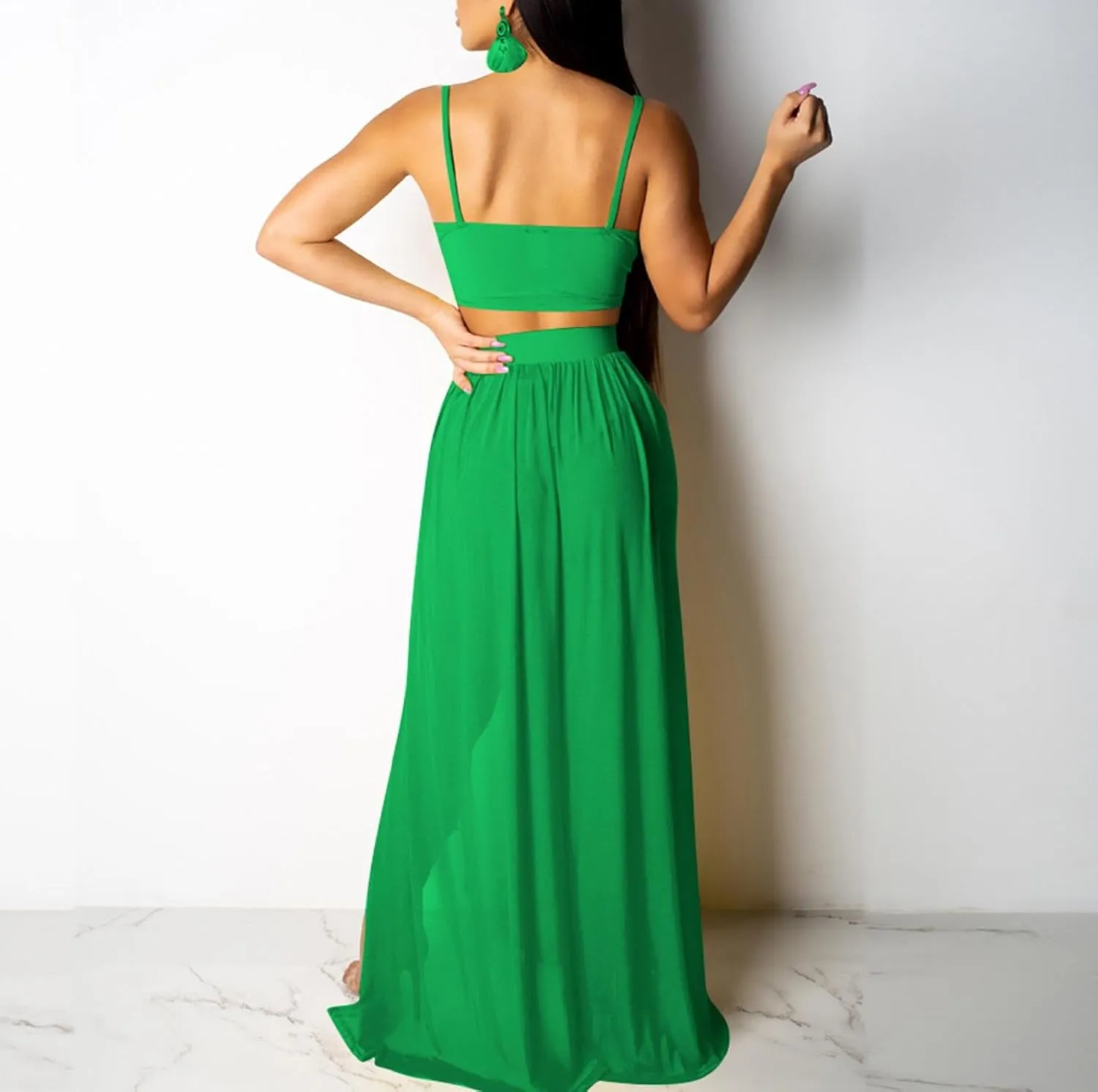 CROSTRITON Womens Sexy 2 Piece Outfits Dress Chiffon Strap Deep V Neck Bra Crop Top High Split Maxi Dresses Skirt Set