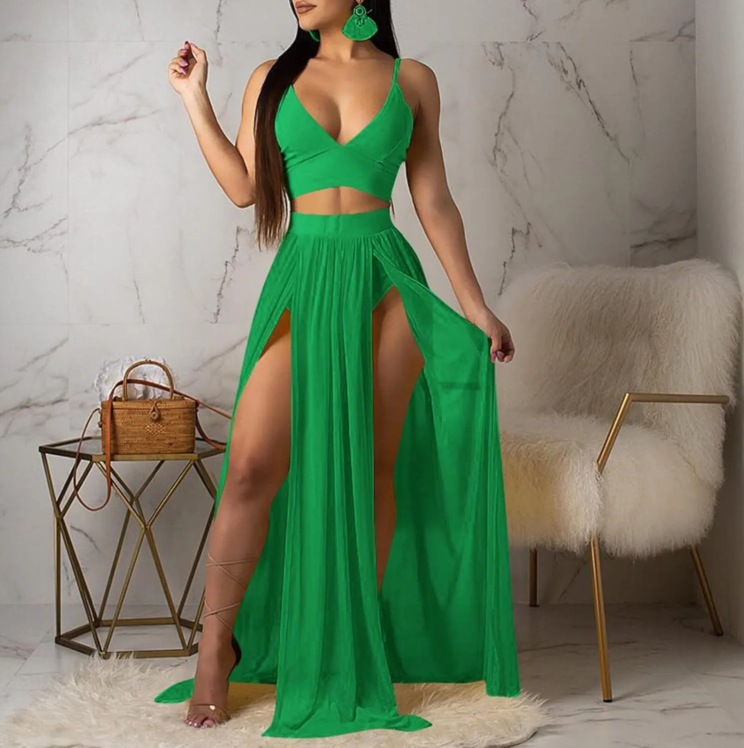CROSTRITON Womens Sexy 2 Piece Outfits Dress Chiffon Strap Deep V Neck Bra Crop Top High Split Maxi Dresses Skirt Set