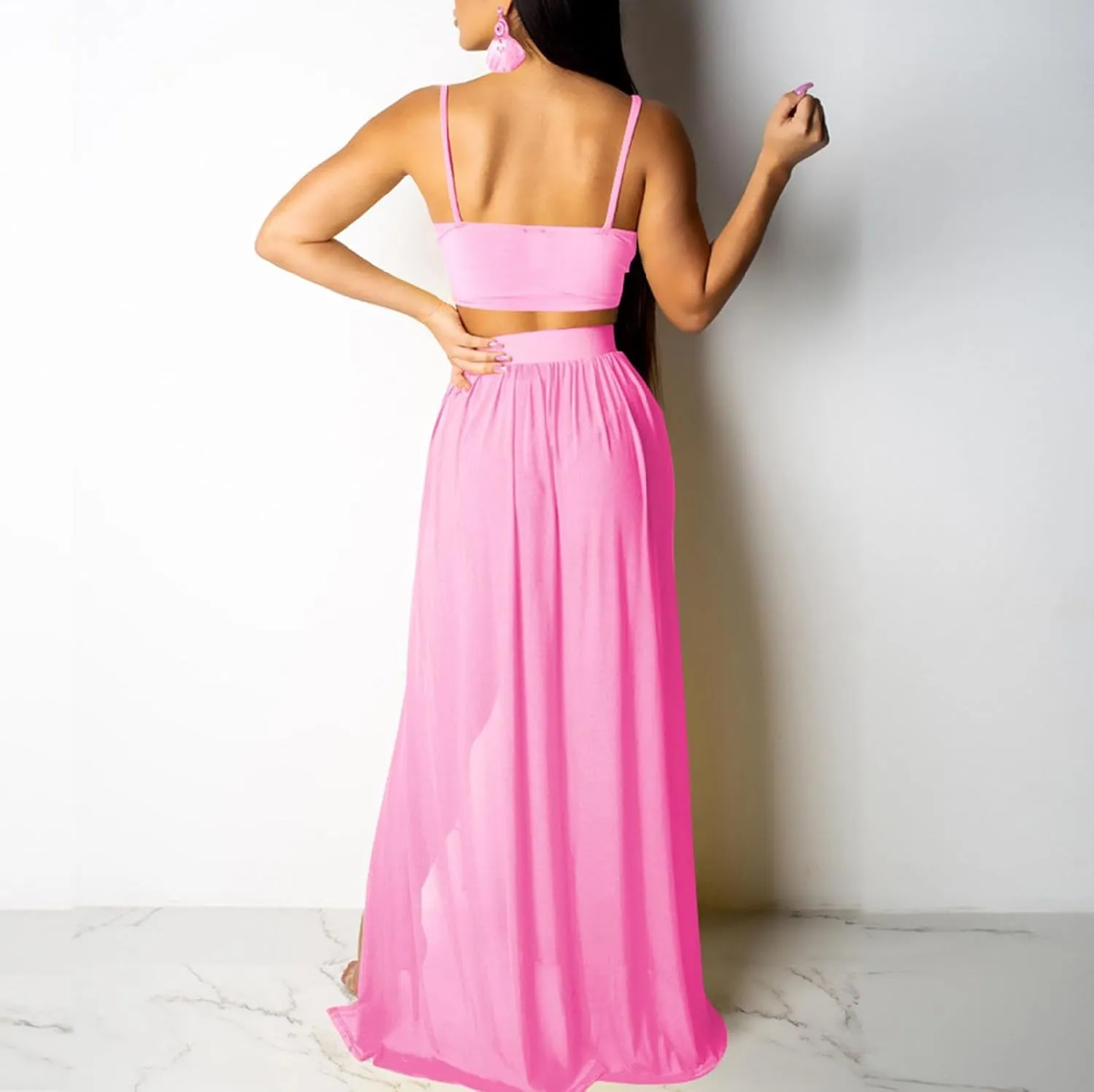 CROSTRITON Womens Sexy 2 Piece Outfits Dress Chiffon Strap Deep V Neck Bra Crop Top High Split Maxi Dresses Skirt Set