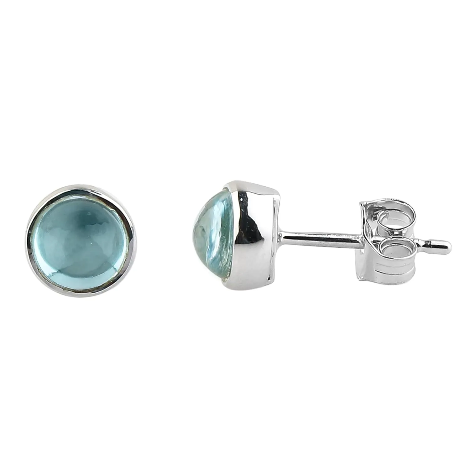 CRYSTALIS 6mm Swiss Blue Topaz Round Stud Earring Set Jewelry for Women, Minimalist Jewelry, Bezel Setting, Plain Cabochon, Natural Gemstone, Chakra Healing Crystal Jewelry, 925 Sterling Silver