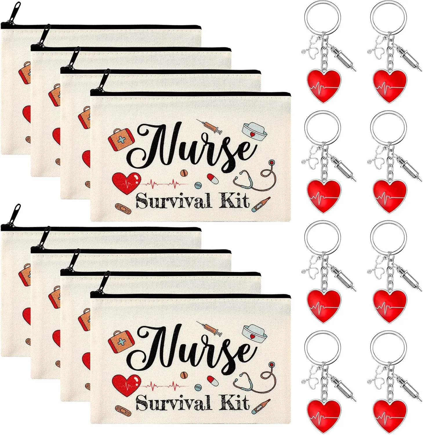 Cunno 16 Pcs Nurse Kit Accessories 8 Makeup Bags 8 Doctor Keychains Week Gifts Travel Pouch Bag Inspirational Gift for Graduation Party Favors
