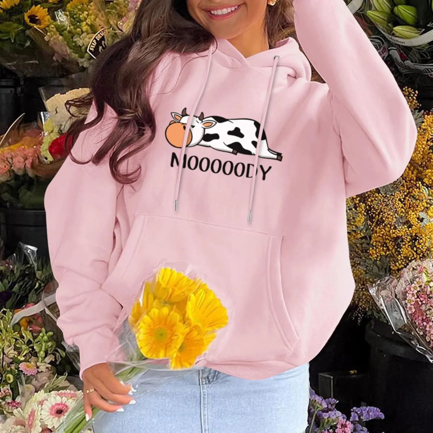 Cute Cow Print Graphic Hoodie For Women Funny Aesthetic Sweatshirts With Pockets Casual Fleece Pullover Sweaters