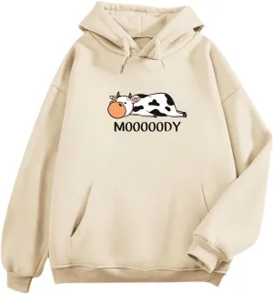 Cute Cow Print Graphic Hoodie For Women Funny Aesthetic Sweatshirts With Pockets Casual Fleece Pullover Sweaters