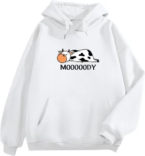Cute Cow Print Graphic Hoodie For Women Funny Aesthetic Sweatshirts With Pockets Casual Fleece Pullover Sweaters