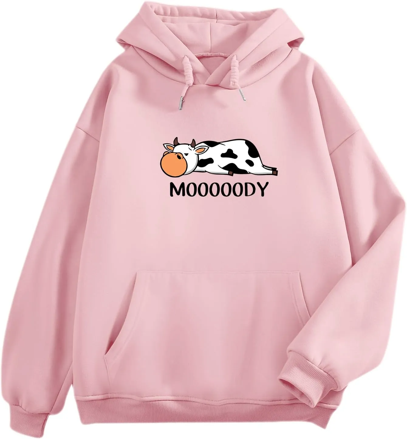 Cute Cow Print Graphic Hoodie For Women Funny Aesthetic Sweatshirts With Pockets Casual Fleece Pullover Sweaters