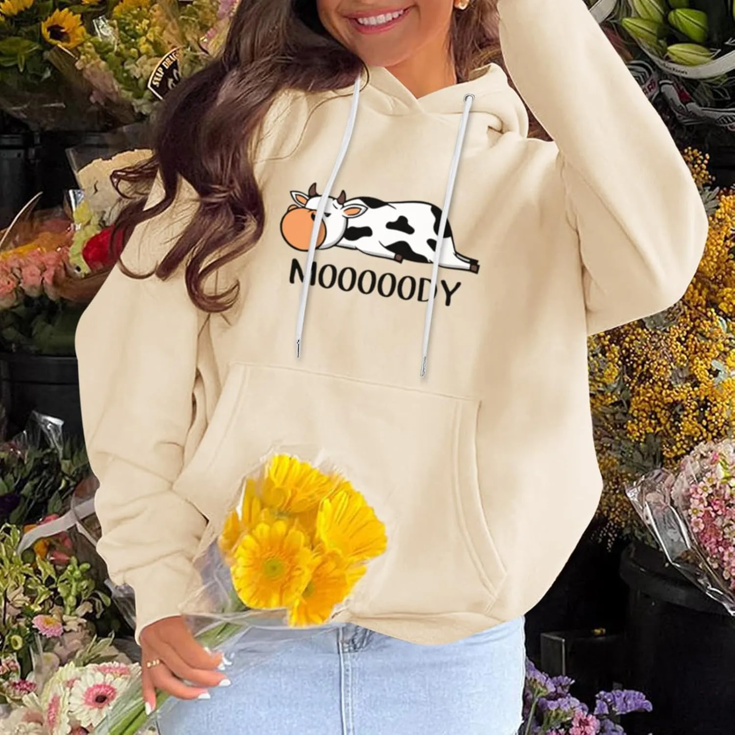 Cute Cow Print Graphic Hoodie For Women Funny Aesthetic Sweatshirts With Pockets Casual Fleece Pullover Sweaters