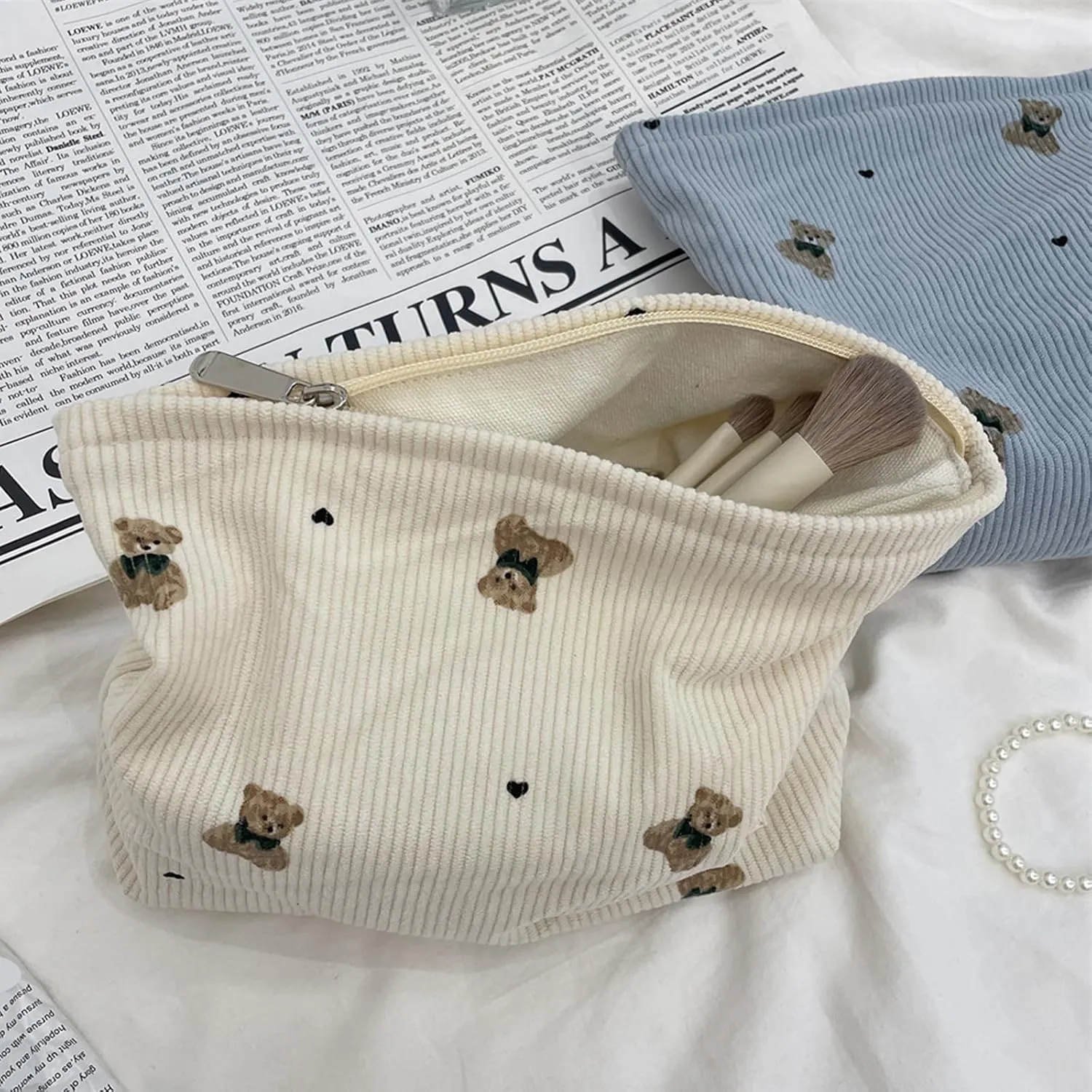 Cute Small Soft Corduroy Zipper Makeup Bag for Purse, Coquette Aesthetic Pouch with Bear Pattern for Women Girls, Kawaii Travel Cosmetic Bags03Beige