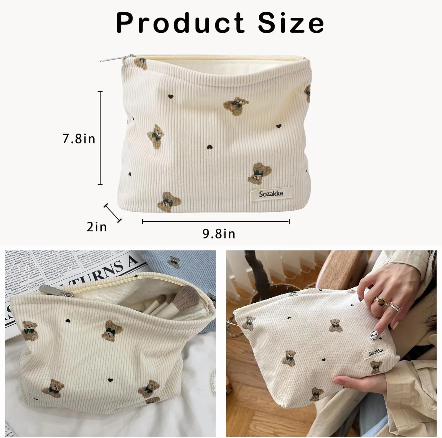 Cute Small Soft Corduroy Zipper Makeup Bag for Purse, Coquette Aesthetic Pouch with Bear Pattern for Women Girls, Kawaii Travel Cosmetic Bags03Beige