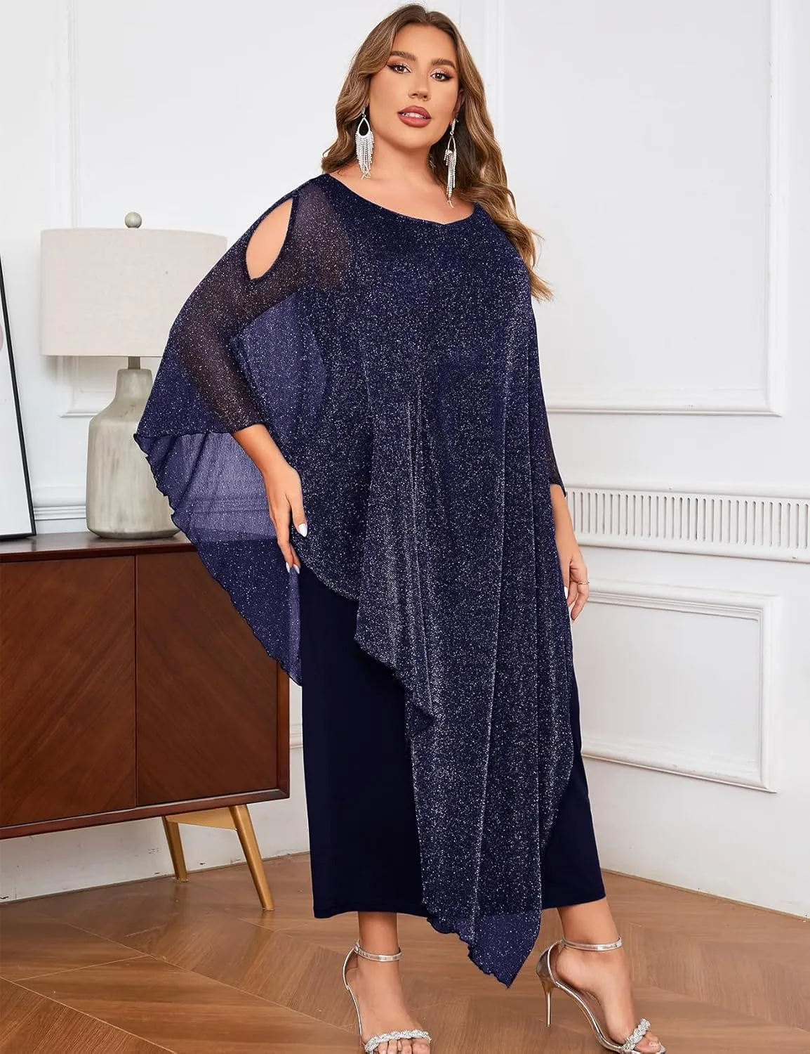 CYCLAMEN Plus Size Sparkly Formal Dress Maxi Long Cape Overlay Wedding Guest Cocktail Mother of Bride Outfit Evening Gown