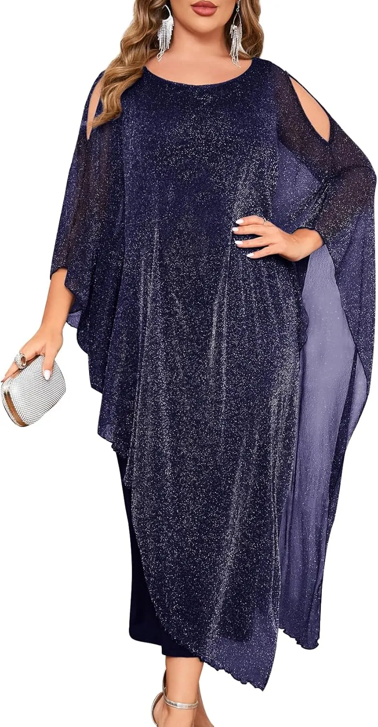 CYCLAMEN Plus Size Sparkly Formal Dress Maxi Long Cape Overlay Wedding Guest Cocktail Mother of Bride Outfit Evening Gown