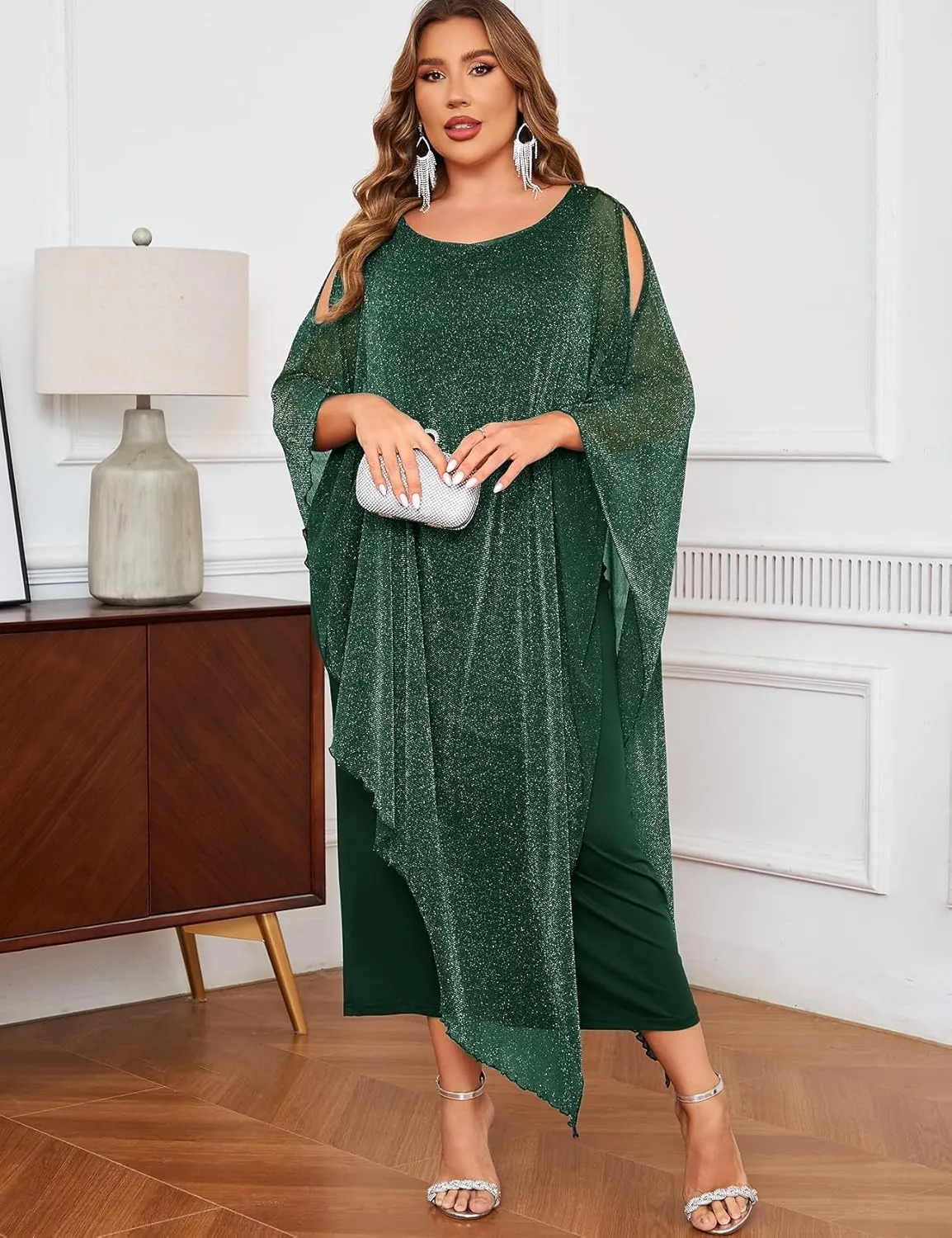 CYCLAMEN Plus Size Sparkly Formal Dress Maxi Long Cape Overlay Wedding Guest Cocktail Mother of Bride Outfit Evening Gown