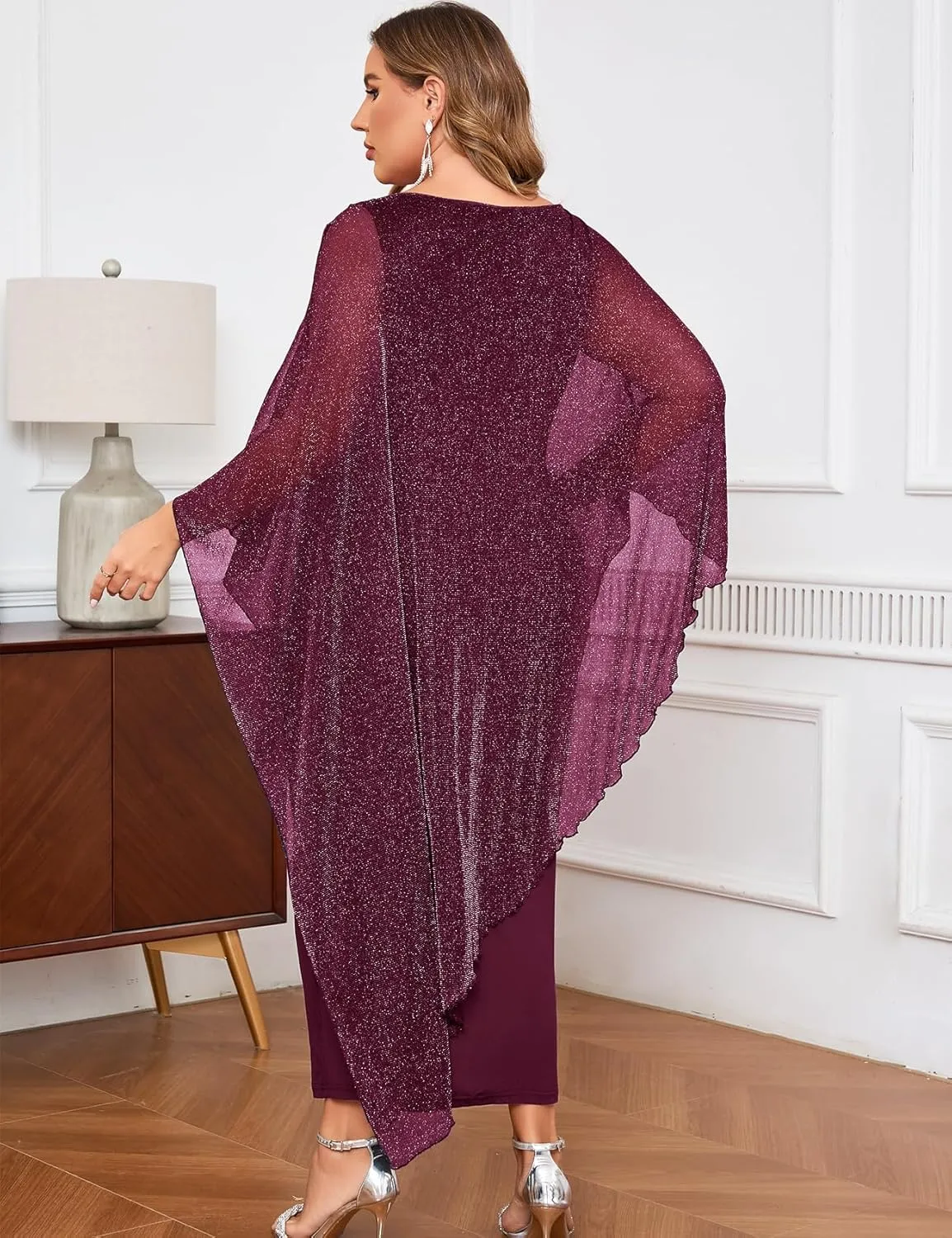 CYCLAMEN Plus Size Sparkly Formal Dress Maxi Long Cape Overlay Wedding Guest Cocktail Mother of Bride Outfit Evening Gown