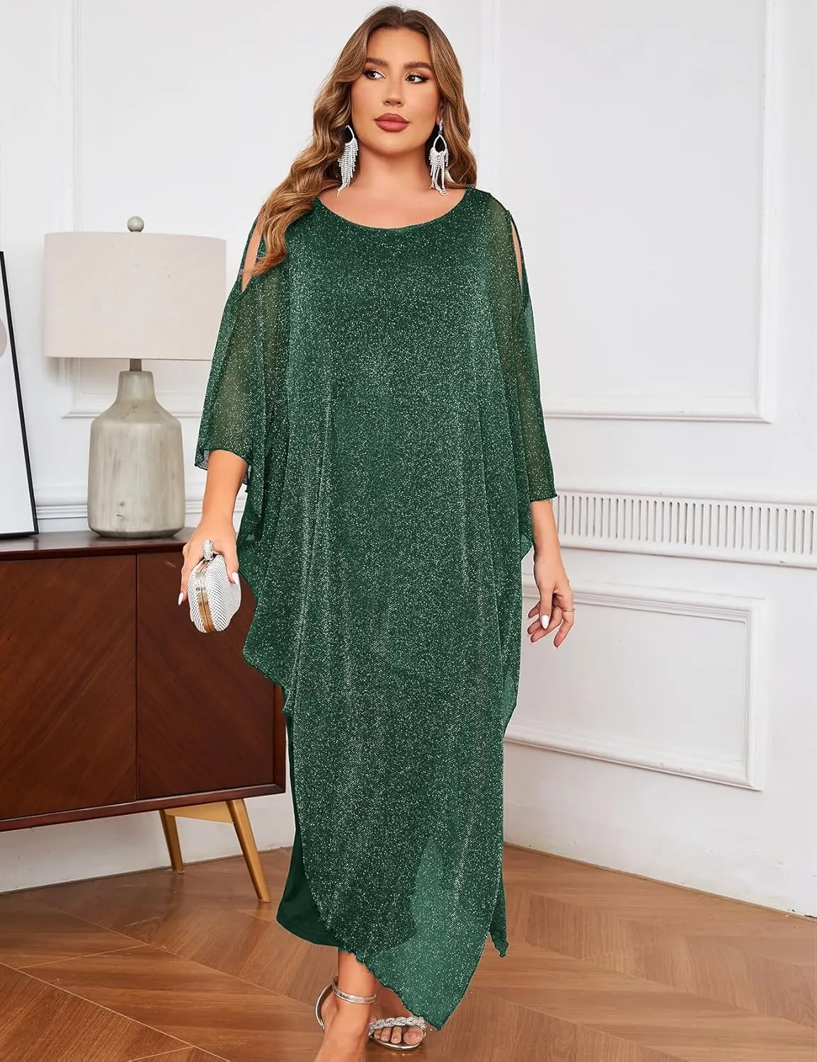 CYCLAMEN Plus Size Sparkly Formal Dress Maxi Long Cape Overlay Wedding Guest Cocktail Mother of Bride Outfit Evening Gown