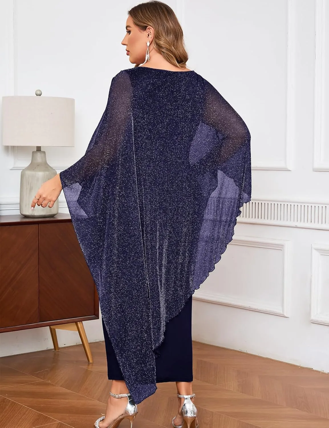 CYCLAMEN Plus Size Sparkly Formal Dress Maxi Long Cape Overlay Wedding Guest Cocktail Mother of Bride Outfit Evening Gown