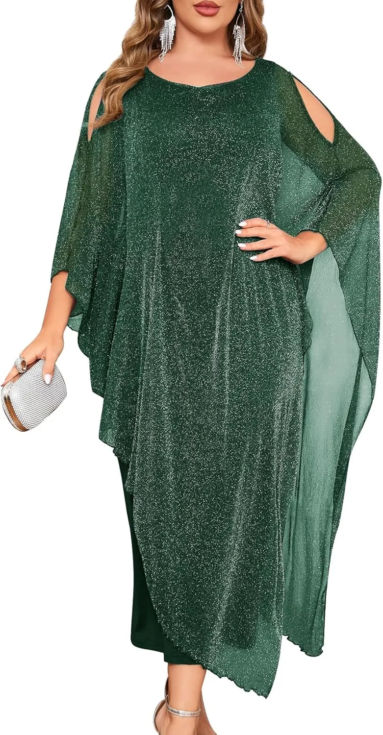 CYCLAMEN Plus Size Sparkly Formal Dress Maxi Long Cape Overlay Wedding Guest Cocktail Mother of Bride Outfit Evening Gown