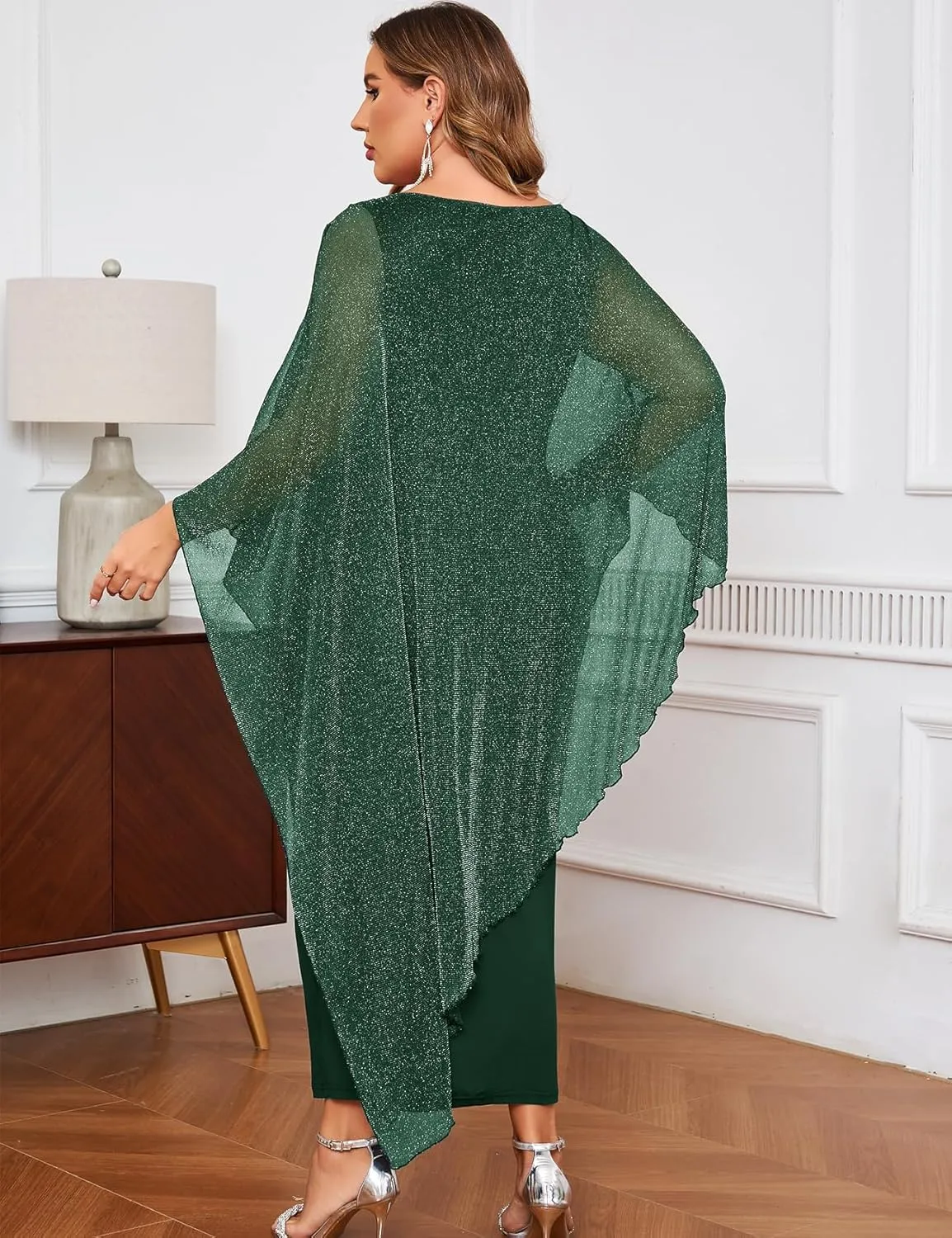 CYCLAMEN Plus Size Sparkly Formal Dress Maxi Long Cape Overlay Wedding Guest Cocktail Mother of Bride Outfit Evening Gown