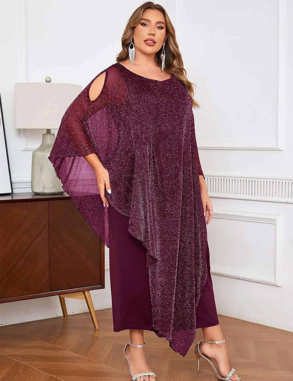 CYCLAMEN Plus Size Sparkly Formal Dress Maxi Long Cape Overlay Wedding Guest Cocktail Mother of Bride Outfit Evening Gown