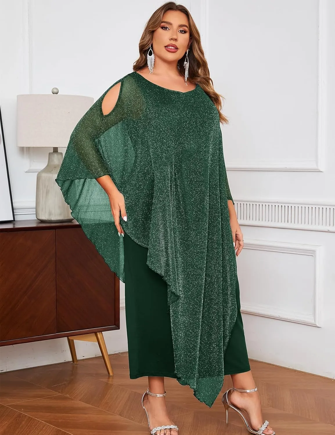 CYCLAMEN Plus Size Sparkly Formal Dress Maxi Long Cape Overlay Wedding Guest Cocktail Mother of Bride Outfit Evening Gown