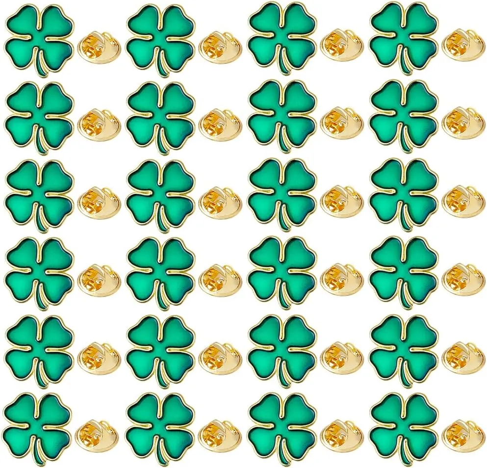 DICOSMETIC 30Pcs Enamel Four Leaf Clover Pins Alloy St. Patrick's Day Pins Clover Brooches Pins Golden Shamrock Pin Four Leaf Clover Brooch for Backpack Clothes Hat Decorations