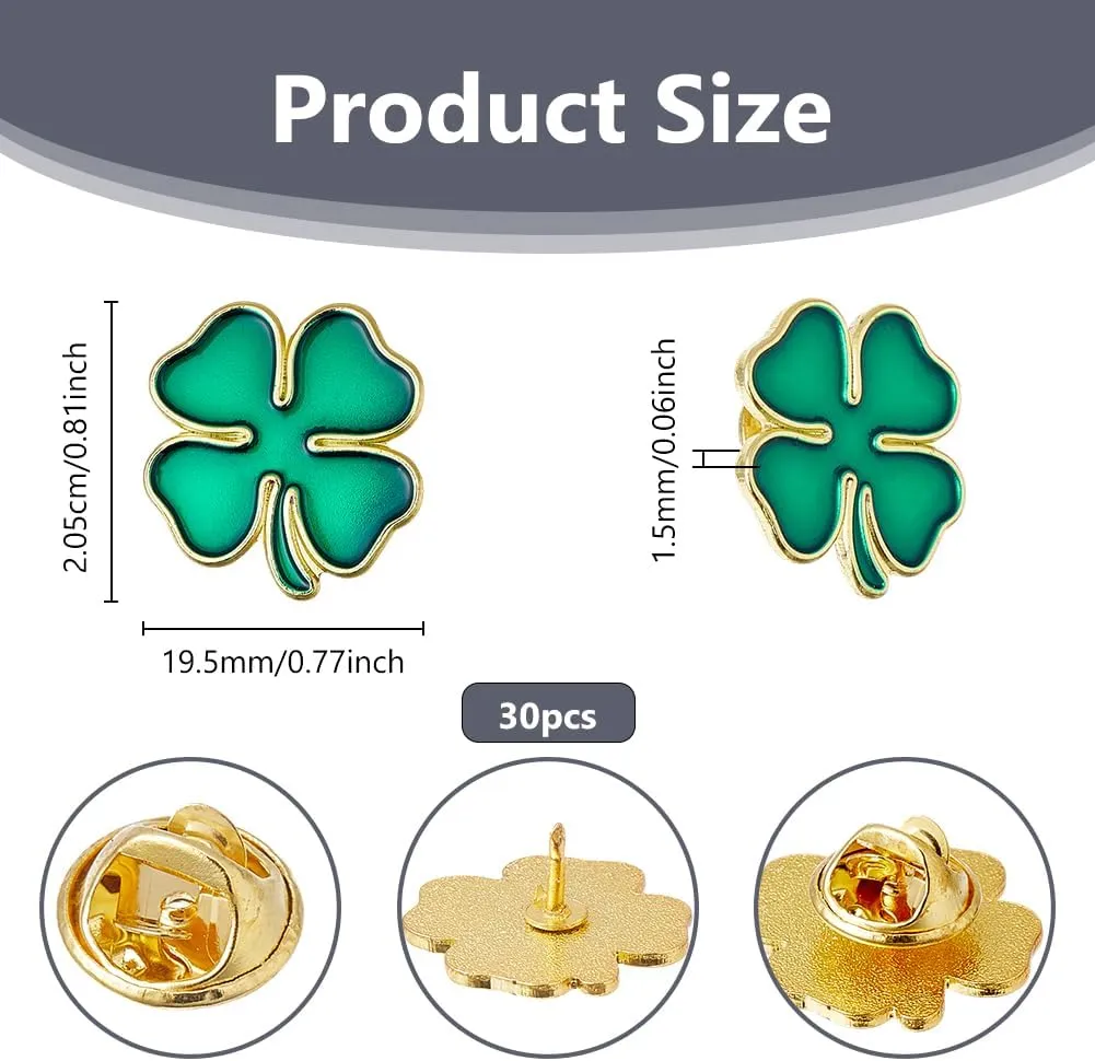 DICOSMETIC 30Pcs Enamel Four Leaf Clover Pins Alloy St. Patrick's Day Pins Clover Brooches Pins Golden Shamrock Pin Four Leaf Clover Brooch for Backpack Clothes Hat Decorations