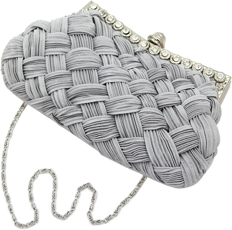 Elegant Braided Pleated Glitter Rhinestone Clutch Evening Bag - Diff Colors