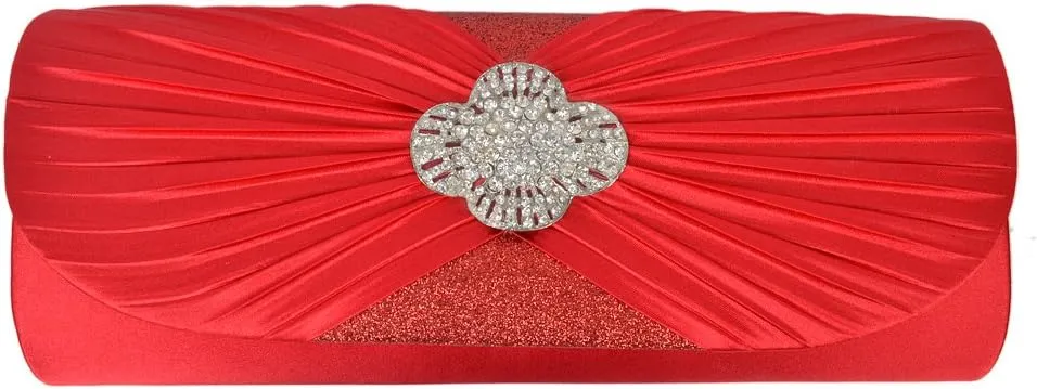 Elegant Cross Pleated Satin Flap Crystal Clutch Evening Bag - Diff Colors Avail