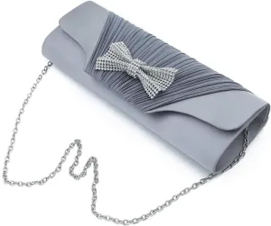 Elegant Pleated Satin Flap Rhinestones Bow Clutch Evening Bag - Diff Colors Avail