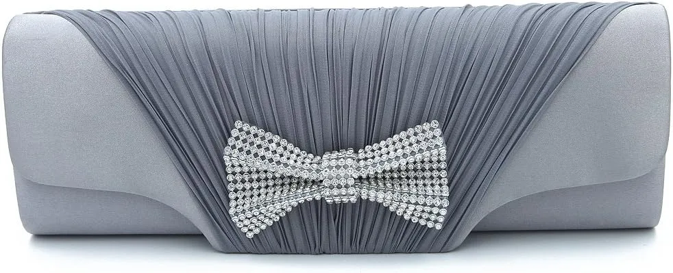 Elegant Pleated Satin Flap Rhinestones Bow Clutch Evening Bag - Diff Colors Avail