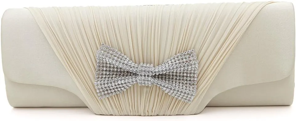 Elegant Pleated Satin Flap Rhinestones Bow Clutch Evening Bag - Diff Colors Avail