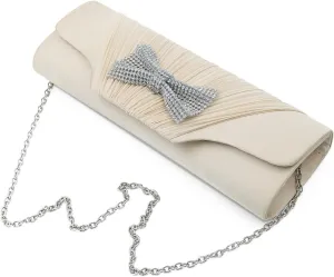 Elegant Pleated Satin Flap Rhinestones Bow Clutch Evening Bag - Diff Colors Avail