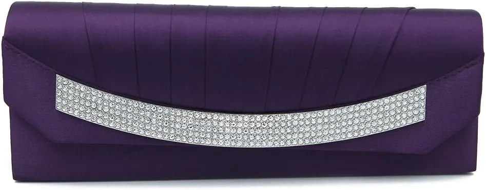 Elegant Pleated Satin Flap Rhinestones Clutch Evening Bag - Diff Colors Avail