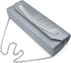 Elegant Pleated Satin Flap Rhinestones Clutch Evening Bag - Diff Colors Avail