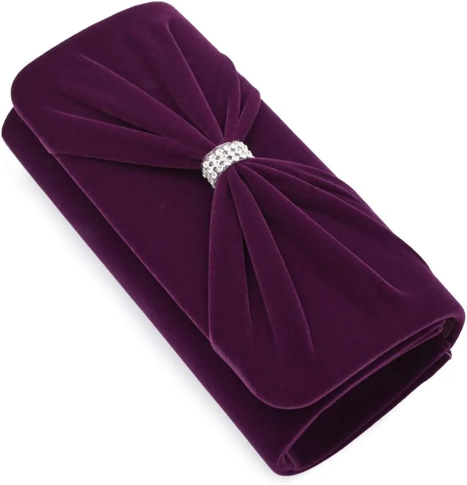 Elegant Rhinestone Bow Front Velvet Clutch Evening Bag Handbag
