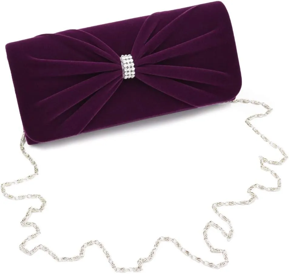 Elegant Rhinestone Bow Front Velvet Clutch Evening Bag Handbag