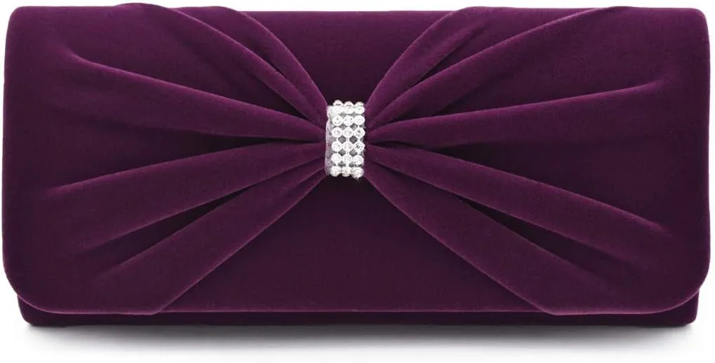 Elegant Rhinestone Bow Front Velvet Clutch Evening Bag Handbag