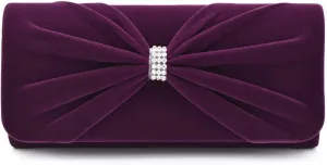 Elegant Rhinestone Bow Front Velvet Clutch Evening Bag Handbag