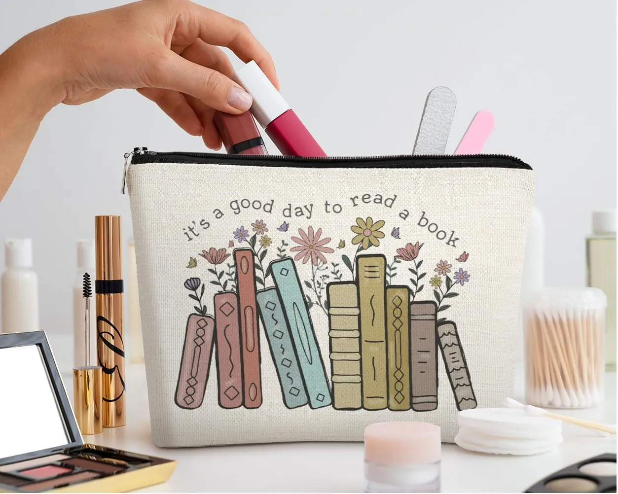 EXUQO Book Lover Gifts: It's A Good Day To Read A Book Cosmetic Pouch for Women Girls - Bookworm Gifts